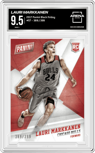 Lauri Markkanen from the 2017 Panini Black Friday set graded by Arena Club and given an overall grade of 9.5.