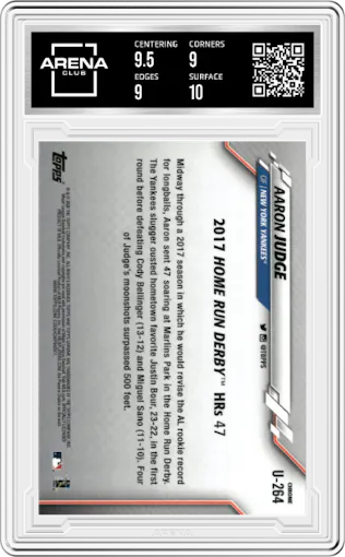 Aaron Judge from the 2020 Topps Chrome Update Sapphire  set graded by Arena Club and given an overall grade of 9.5.
