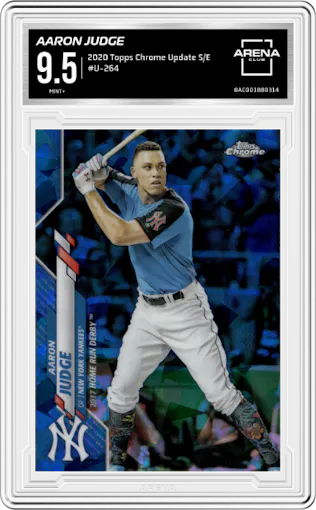 Aaron Judge from the 2020 Topps Chrome Update Sapphire  set graded by Arena Club and given an overall grade of 9.5.