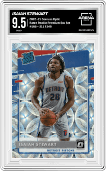 Isaiah Stewart from the 2020-21 Panini Donruss Optic set featuring a Premium Box Set parallel graded by Arena Club and given an overall grade of 9.5.