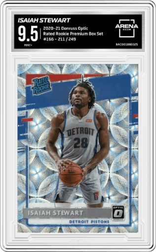 Isaiah Stewart from the 2020-21 Panini Donruss Optic set featuring a Premium Box Set parallel graded by Arena Club and given an overall grade of 9.5.
