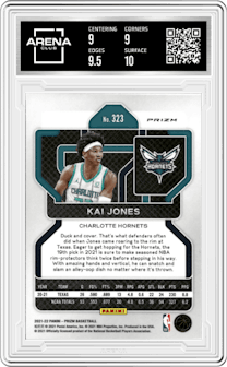 Kai Jones  from the 2021-22 Panini Prizm  set featuring a NBA 75th Prizm parallel graded by Arena Club and given an overall grade of 9.5.