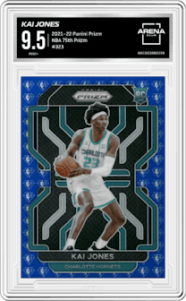 Kai Jones  from the 2021-22 Panini Prizm  set featuring a NBA 75th Prizm parallel graded by Arena Club and given an overall grade of 9.5.