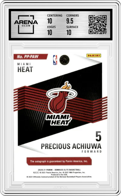 Precious Achiuwa from the 2020-21 Panini Donruss Elite Basketball set featuring a Red parallel graded by Arena Club and given an overall grade of 10.