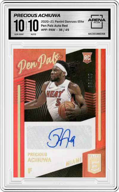 Precious Achiuwa from the 2020-21 Panini Donruss Elite Basketball set featuring a Red parallel graded by Arena Club and given an overall grade of 10.