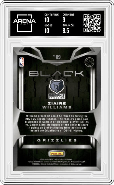 Ziaire Williams from the 2021-22 Panini Black set graded by Arena Club and given an overall grade of 9.