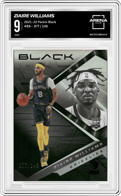 Ziaire Williams from the 2021-22 Panini Black set graded by Arena Club and given an overall grade of 9.