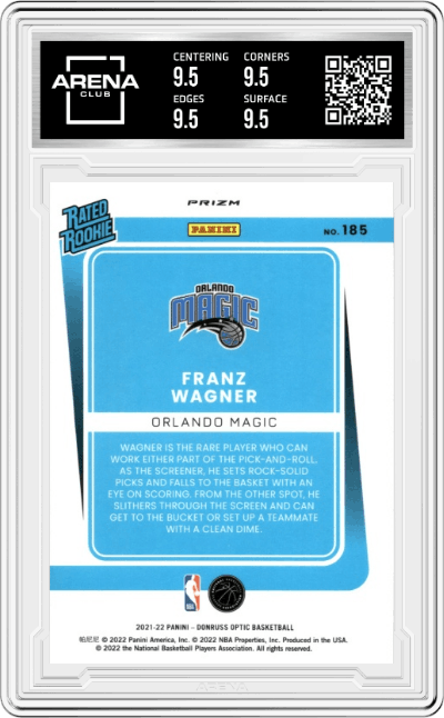 Franz Wagner from the 2021-22 Panini Donruss Optic set featuring a Holo parallel graded by Arena Club and given an overall grade of 9.5.