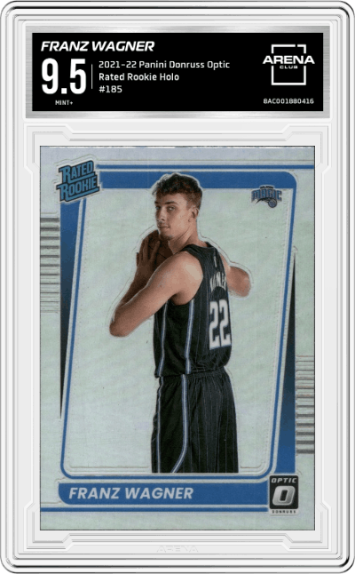 Franz Wagner from the 2021-22 Panini Donruss Optic set featuring a Holo parallel graded by Arena Club and given an overall grade of 9.5.