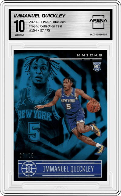 Immanuel Quickley from the 2020-21 Panini Illusions  set featuring a Trophy Collection Teal parallel graded by Arena Club and given an overall grade of 10.
