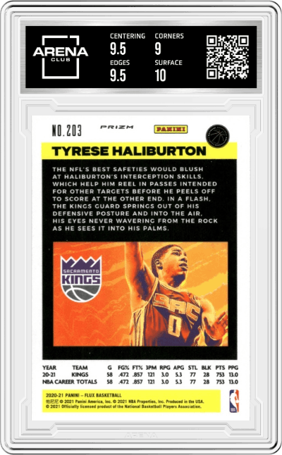 Tyrese Haliburton from the 2020-21 Panini Flux set featuring a Red Cracked Ice parallel graded by Arena Club and given an overall grade of 9.5.