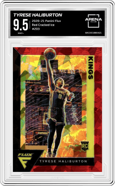 Tyrese Haliburton from the 2020-21 Panini Flux set featuring a Red Cracked Ice parallel graded by Arena Club and given an overall grade of 9.5.