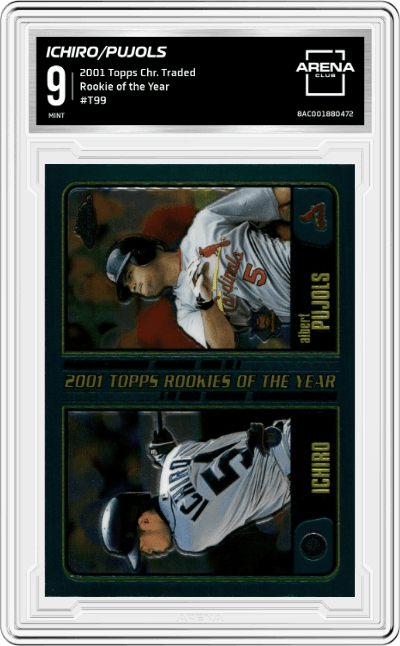 Ichiro/ Albert Pujols from the 2001 Topps Chr. Traded set graded by Arena Club and given an overall grade of 9.