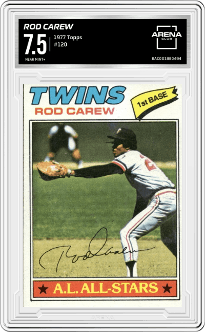 Rod Carew from the 1977 Topps set graded by Arena Club and given an overall grade of 7.5.