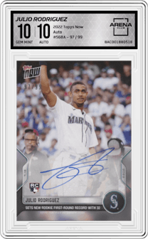 Julio Rodriguez from the 2022 Topps Now set graded by Arena Club and given an overall grade of 10.