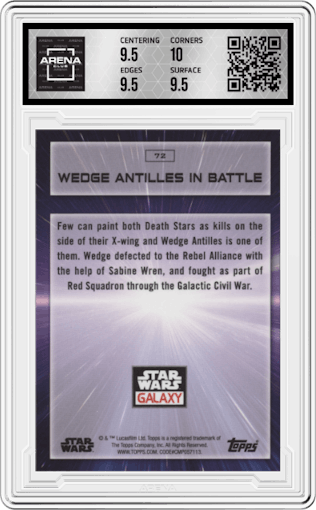 Wedge Antilles in Battle from the 2022 Topps Chrome Star Wars Galaxy set graded by Arena Club and given an overall grade of 10.