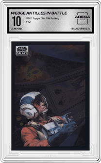 Wedge Antilles in Battle from the 2022 Topps Chrome Star Wars Galaxy set graded by Arena Club and given an overall grade of 10.