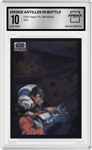Wedge Antilles in Battle from the 2022 Topps Chrome Star Wars Galaxy set graded by Arena Club and given an overall grade of 10.