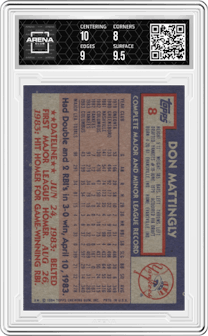 Don Mattingly from the 1984 Topps set graded by Arena Club and given an overall grade of 8.5.