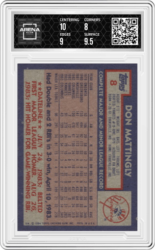 Don Mattingly from the 1984 Topps set graded by Arena Club and given an overall grade of 8.5.