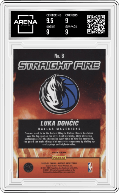 Luka Doncic from the 2020-21 Panini Mosaic set graded by Arena Club and given an overall grade of 9.