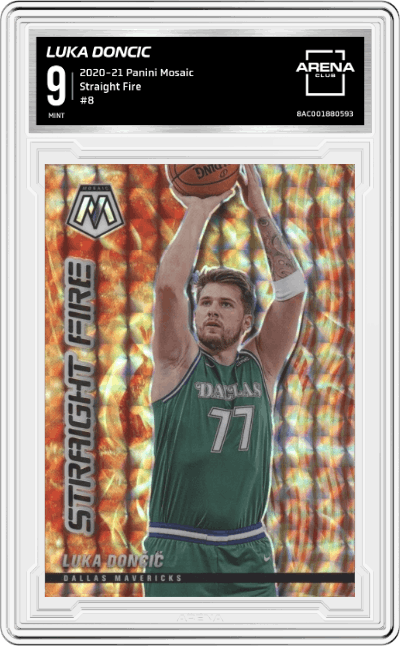 Luka Doncic from the 2020-21 Panini Mosaic set graded by Arena Club and given an overall grade of 9.