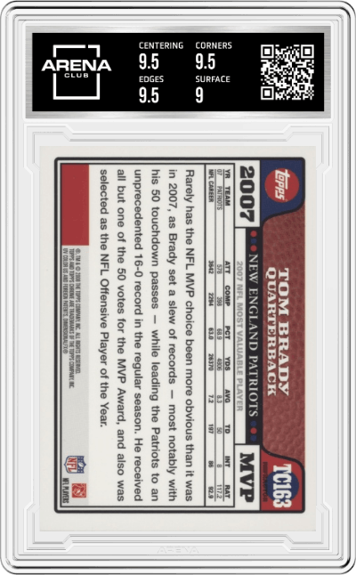 Tom Brady from the 2008 Topps Chrome set featuring a Refractor parallel graded by Arena Club and given an overall grade of 9.5.