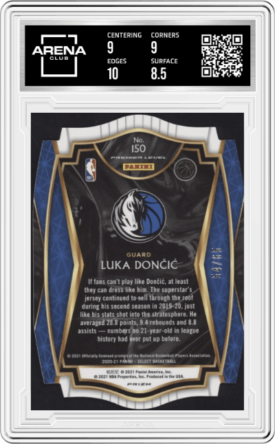 Luka Doncic from the 2020-21 Panini Select  set featuring a Orange Die-Cut parallel graded by Arena Club and given an overall grade of 9.