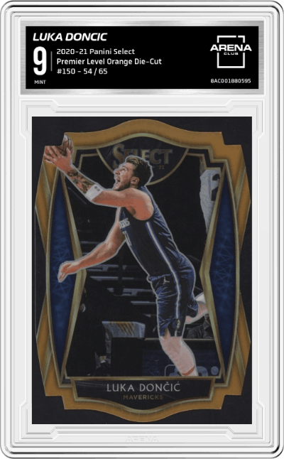 Luka Doncic from the 2020-21 Panini Select  set featuring a Orange Die-Cut parallel graded by Arena Club and given an overall grade of 9.