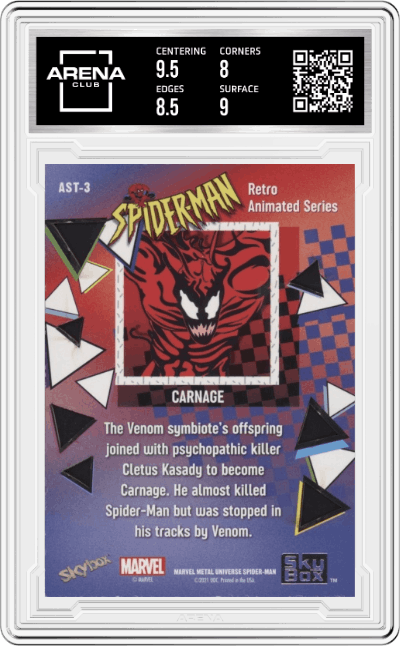 Carnage from the 2021 Skybox Marvel Metal Universe Spider-Man set graded by Arena Club and given an overall grade of 8.5.