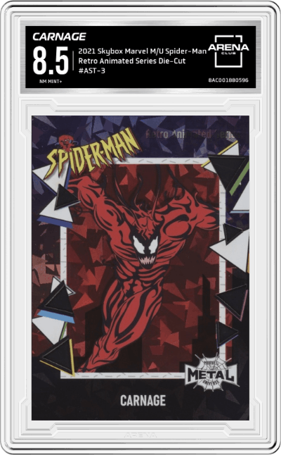 Carnage from the 2021 Skybox Marvel Metal Universe Spider-Man set graded by Arena Club and given an overall grade of 8.5.