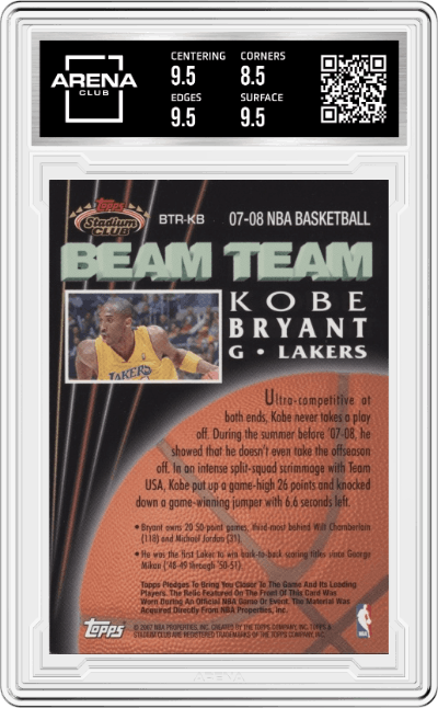 Kobe Bryant  from the 2007-08 Topps Stadium Club set graded by Arena Club and given an overall grade of 9.