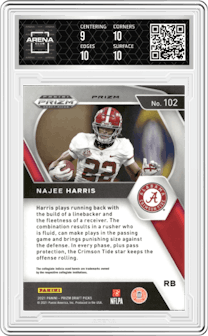 Najee Harris from the 2021 Panini Prizm Draft Picks set featuring a Silver Prizm parallel graded by Arena Club and given an overall grade of 9.5.