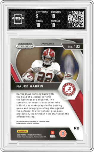 Najee Harris from the 2021 Panini Prizm Draft Picks set featuring a Silver Prizm parallel graded by Arena Club and given an overall grade of 9.5.