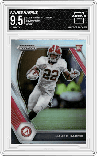 Najee Harris from the 2021 Panini Prizm Draft Picks set featuring a Silver Prizm parallel graded by Arena Club and given an overall grade of 9.5.