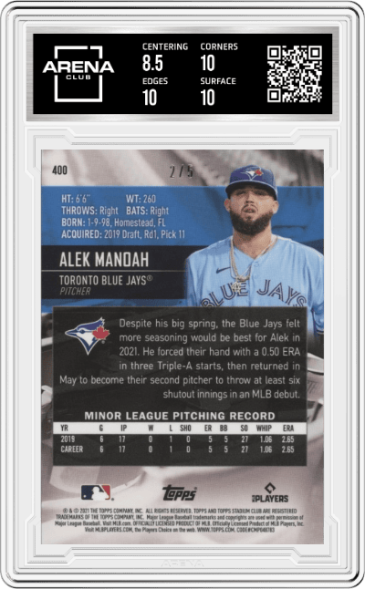 Alek Manoah from the 2021 Topps Stadium Club Chrome set featuring a Red Refractor parallel graded by Arena Club and given an overall grade of 9.