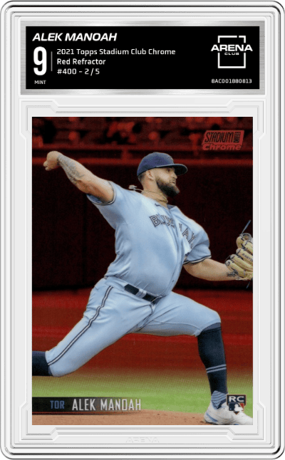 Alek Manoah from the 2021 Topps Stadium Club Chrome set featuring a Red Refractor parallel graded by Arena Club and given an overall grade of 9.
