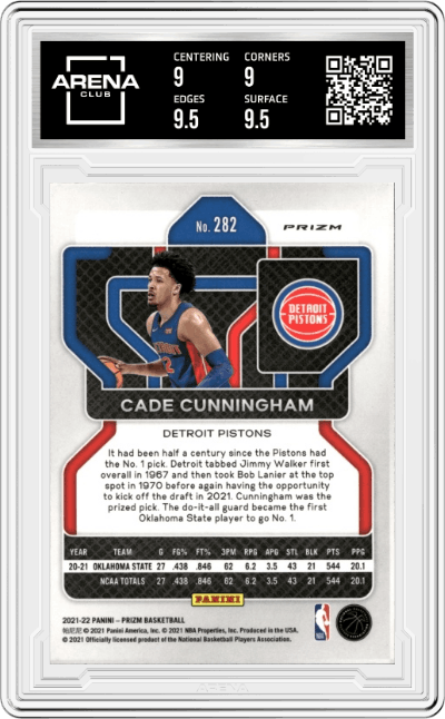 Cade Cunningham from the 2021-22 Panini Prizm  set featuring a Red/White/Blue Prizm parallel graded by Arena Club and given an overall grade of 9.5.
