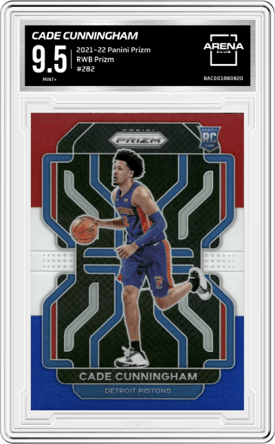 Cade Cunningham from the 2021-22 Panini Prizm  set featuring a Red/White/Blue Prizm parallel graded by Arena Club and given an overall grade of 9.5.