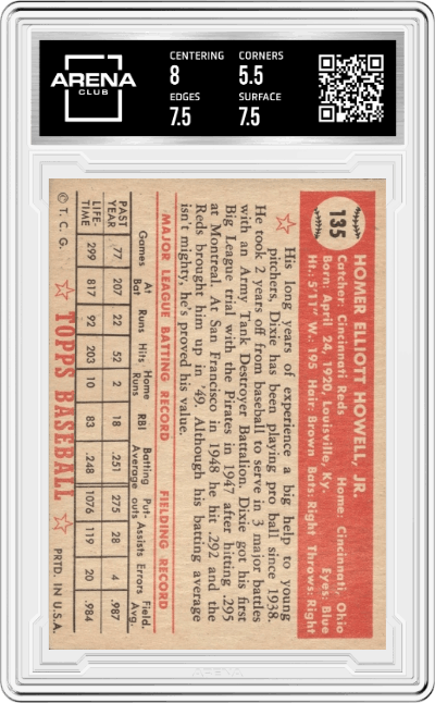 Dixie Howell from the 1952 Topps set graded by Arena Club and given an overall grade of 6.