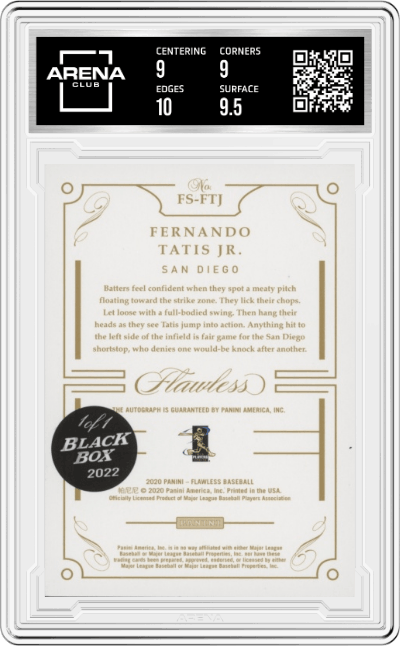 Fernando Tatis Jr. from the 2020 Panini Flawless set featuring a Black Box parallel graded by Arena Club and given an overall grade of 9.5.