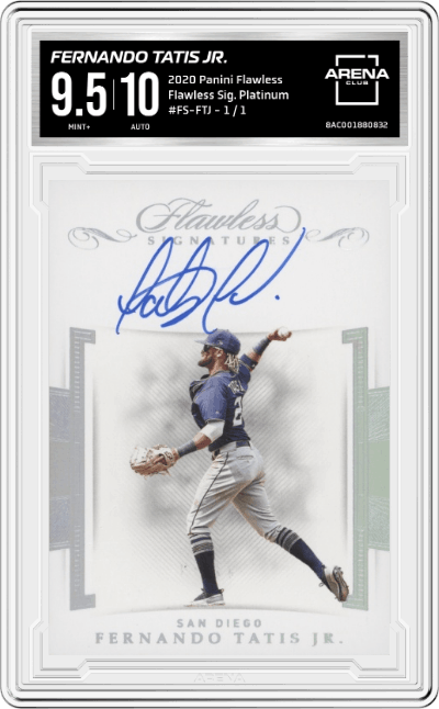 Fernando Tatis Jr. from the 2020 Panini Flawless set featuring a Black Box parallel graded by Arena Club and given an overall grade of 9.5.