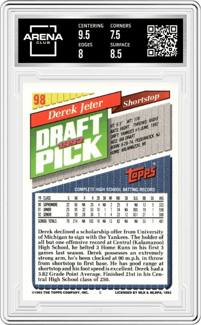 Derek Jeter from the 1993 Topps set graded by Arena Club and given an overall grade of 8.