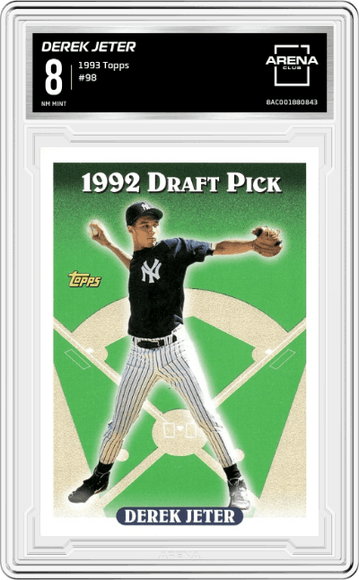 Derek Jeter from the 1993 Topps set graded by Arena Club and given an overall grade of 8.