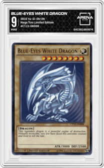 Blue-Eyes White Dragon from the 2016 Yu-Gi-Oh! EN set featuring a Limited Edition parallel graded by Arena Club and given an overall grade of 9.