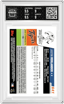 Justin Verlander from the 2006 Topps set graded by Arena Club and given an overall grade of 9.5.