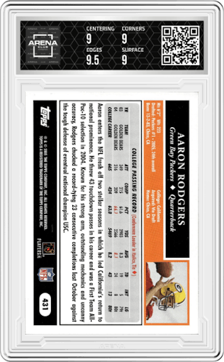 Aaron Rodgers from the 2005 Topps set graded by Arena Club and given an overall grade of 9.