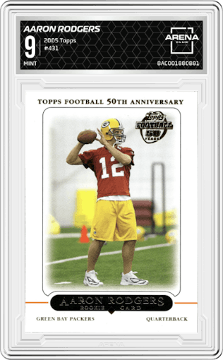 Aaron Rodgers from the 2005 Topps set graded by Arena Club and given an overall grade of 9.