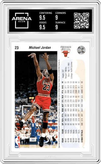 Michael Jordan from the 1992-93 Upper Deck set graded by Arena Club and given an overall grade of 9.5.