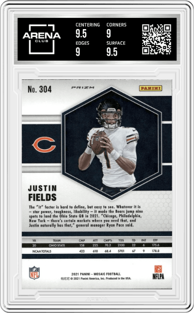 Justin Fields from the 2021 Panini Mosaic set featuring a Pink Camo parallel graded by Arena Club and given an overall grade of 9.5.